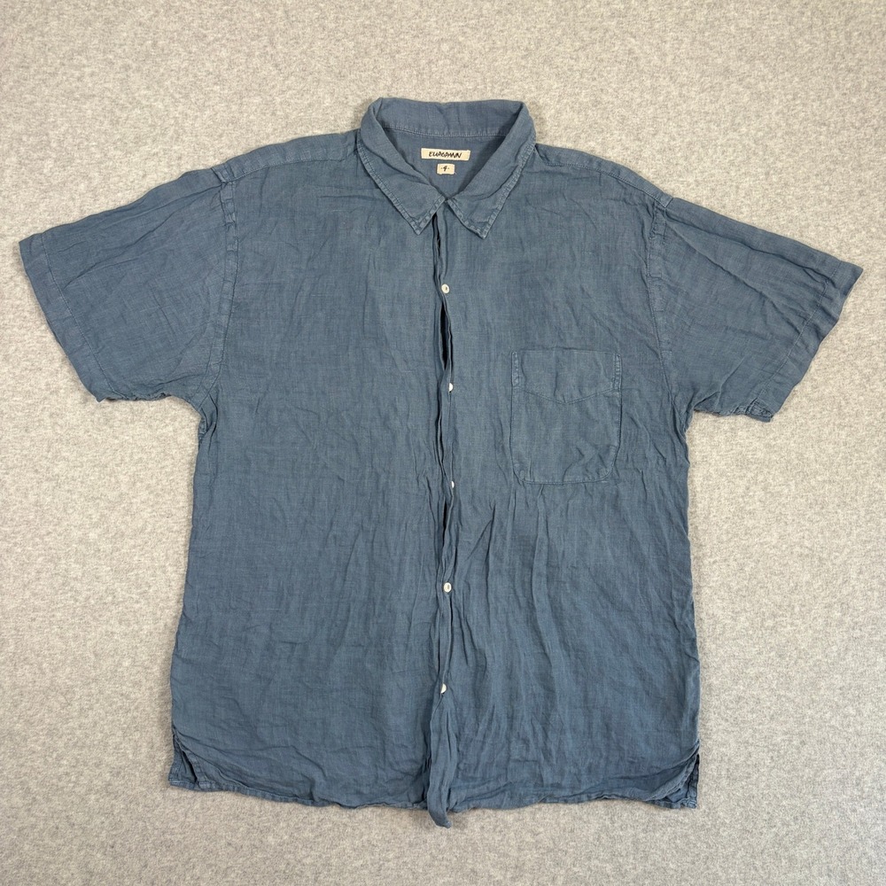 Europann Button Up Shirt Mens 4 Blue 100% Linen Short Sleeve Casual Top